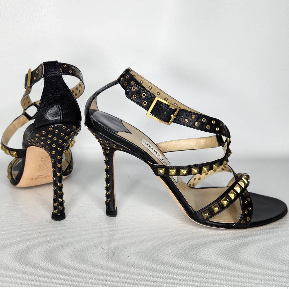 JIMMY CHOO vintage 38.5 black Leather gold Stud Stiletto strap Sandals Authentic - Picture 4 of 6
